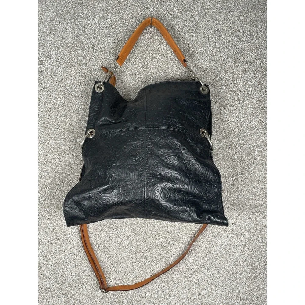 Made In Italy Genuine Leather Black Embossed Floral Hobo Shoulder Bag Purse